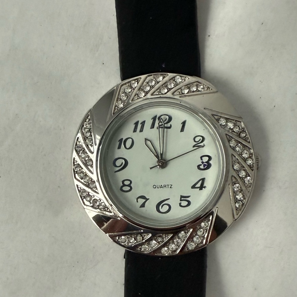 Silver and Black Quartz Watch with Crystal Accents